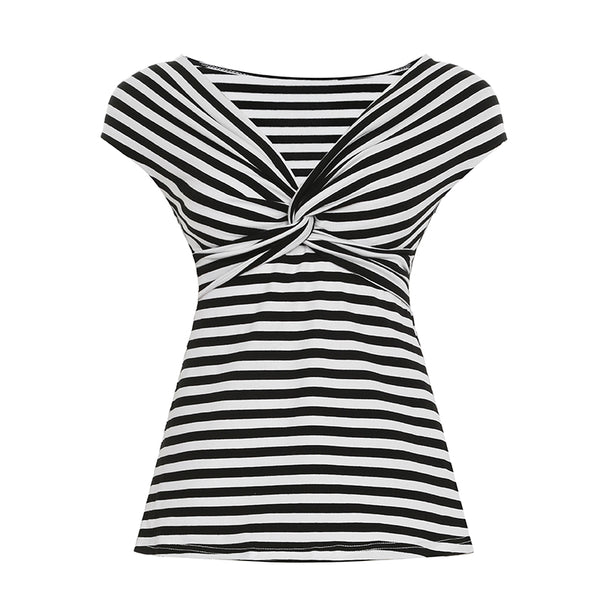Black White Striped Twist Front Short Sleeve Top - Vedlit