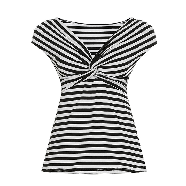 Black White Striped Twist Front Short Sleeve Top - Vedlit