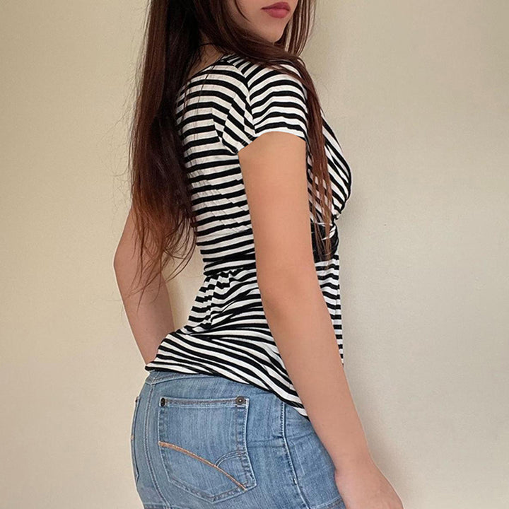 Black White Striped Twist Front Short Sleeve Top - Vedlit