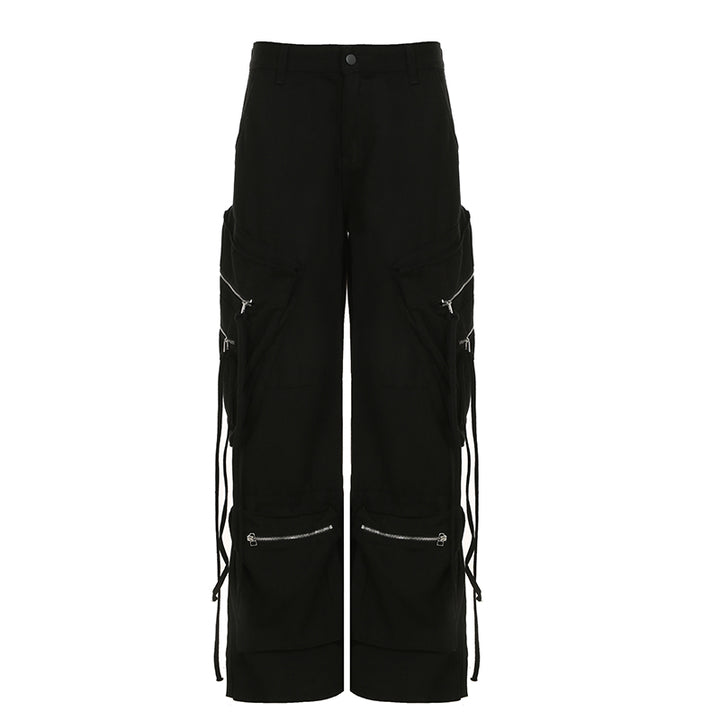 Black Y2K Wide Leg Cargo Pants with Zipper Details - Vedlit
