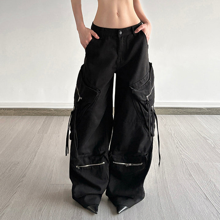 Black Y2K Wide Leg Cargo Pants with Zipper Details - Vedlit
