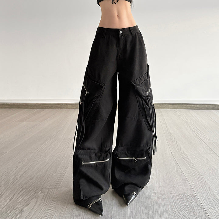 Black Y2K Wide Leg Cargo Pants with Zipper Details - Vedlit
