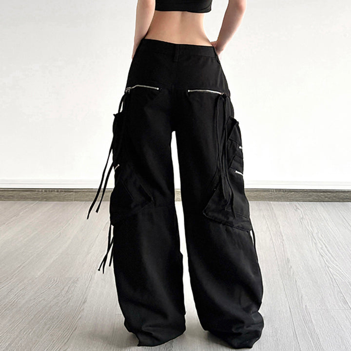 Black Y2K Wide Leg Cargo Pants with Zipper Details - Vedlit
