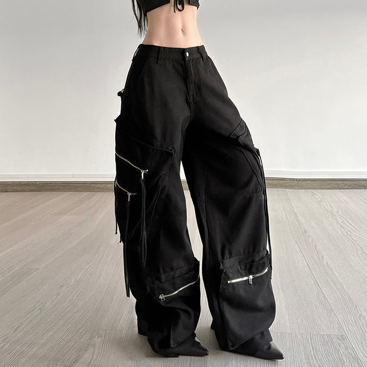 Black Y2K Wide Leg Cargo Pants with Zipper Details - Vedlit
