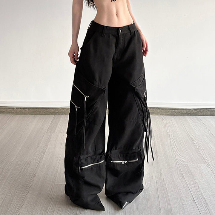 Black Y2K Wide Leg Cargo Pants with Zipper Details - Vedlit