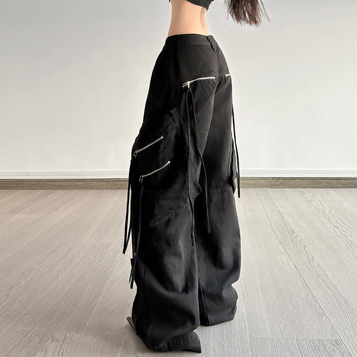 Black Y2K Wide Leg Cargo Pants with Zipper Details - Vedlit