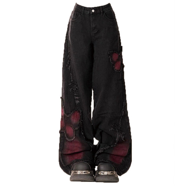 Grunge Aesthetic Black & Red Butterfly Jeans - Vedlit
