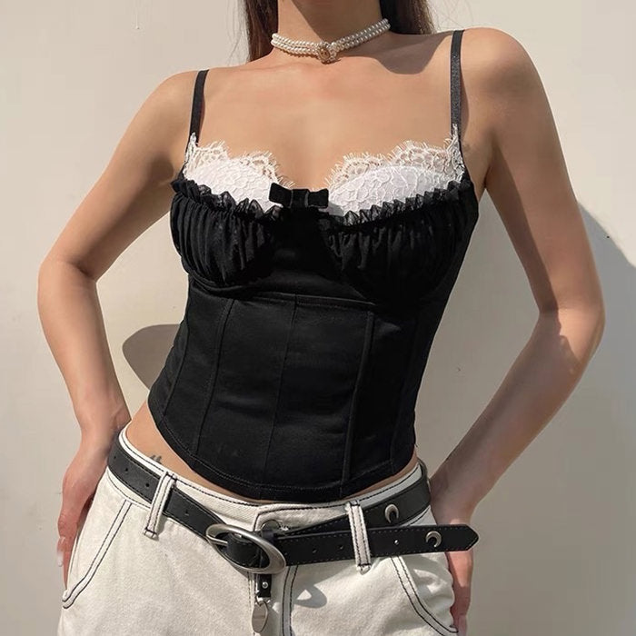 Contrast Lace Ruched Bust Cami Top - Vedlit