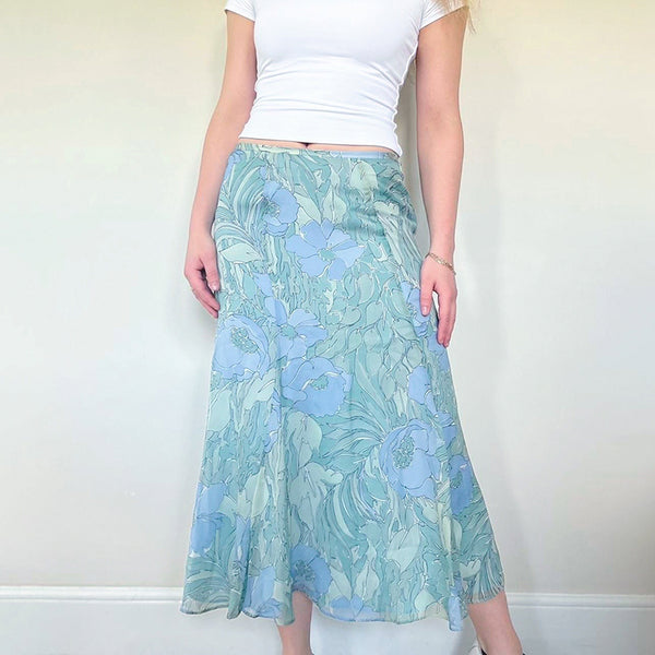 Blue Floral Chiffon Midi Skirt – Vintage A-Line Silhouette - Vedlit