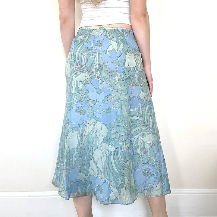 Blue Floral Chiffon Midi Skirt – Vintage A-Line Silhouette - Vedlit