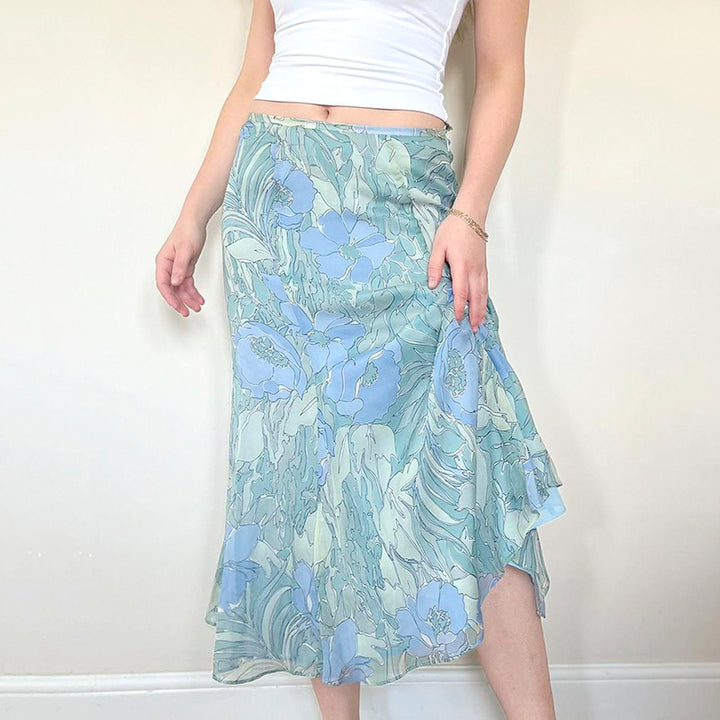 Blue Floral Chiffon Midi Skirt – Vintage A-Line Silhouette - Vedlit
