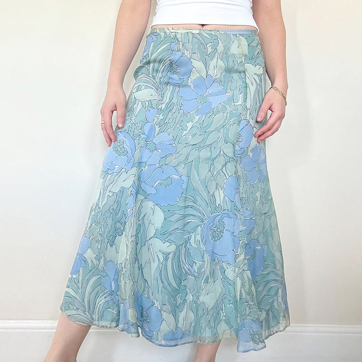Blue Floral Chiffon Midi Skirt – Vintage A-Line Silhouette - Vedlit