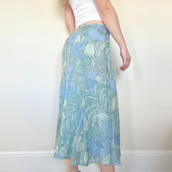 Blue Floral Chiffon Midi Skirt – Vintage A-Line Silhouette - Vedlit