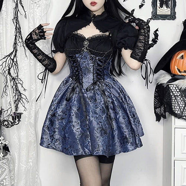 Blue Floral Gothic Lolita Lace Up Mini Dress - Vedlit