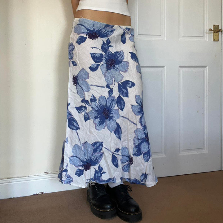 Blue Floral Print Low Waist Maxi Skirt A-Line Boho Style - Vedlit
