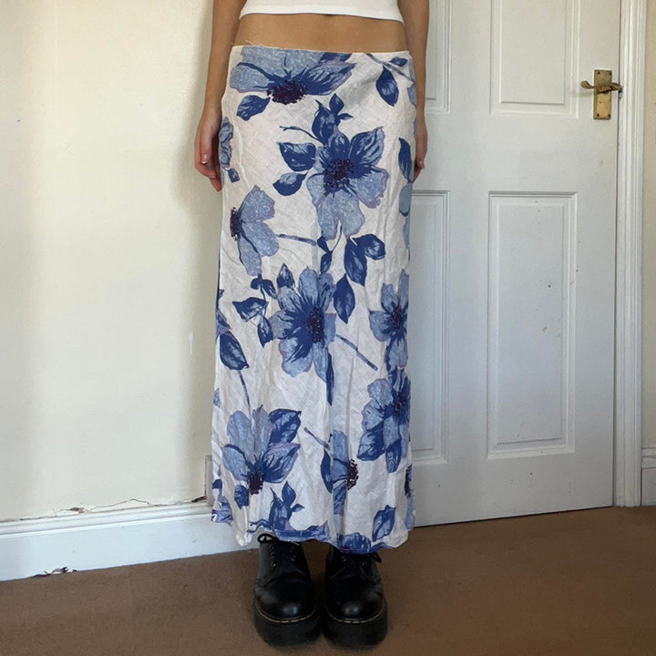 Blue Floral Print Low Waist Maxi Skirt A-Line Boho Style - Vedlit