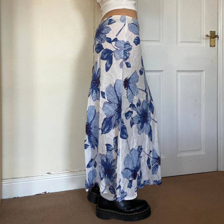 Blue Floral Print Low Waist Maxi Skirt A-Line Boho Style - Vedlit