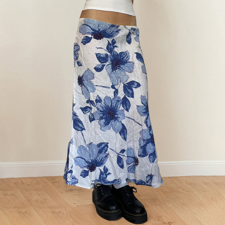 Blue Floral Print Low Waist Maxi Skirt A-Line Boho Style - Vedlit