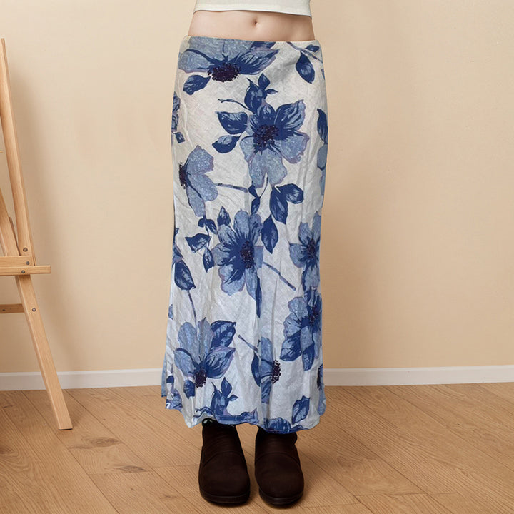 Blue Floral Print Low Waist Maxi Skirt A-Line Boho Style - Vedlit