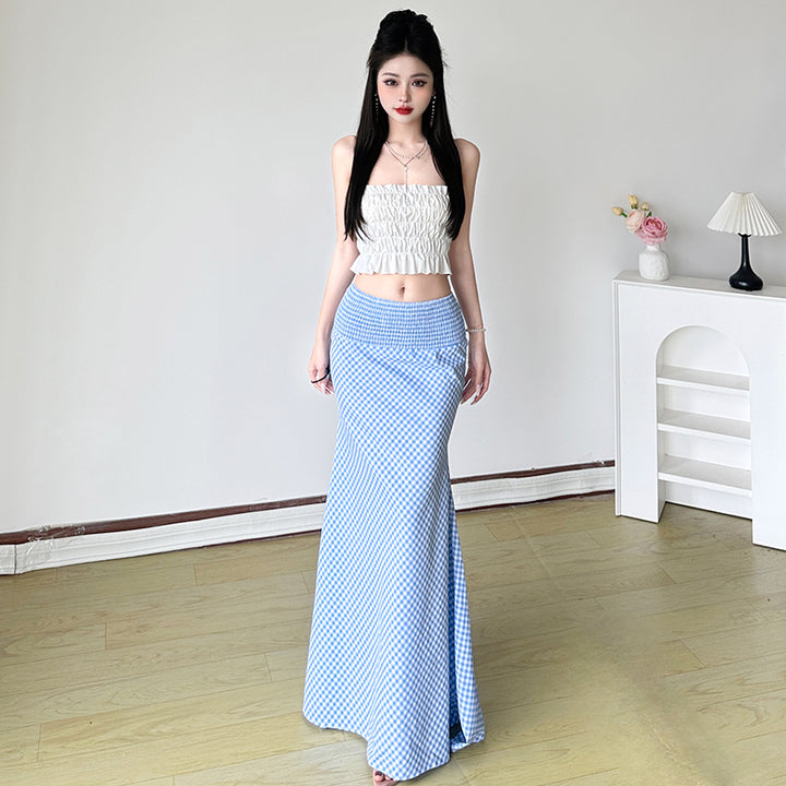 Blue Gingham High Waist Maxi Skirt With Elastic Waistband - Vedlit