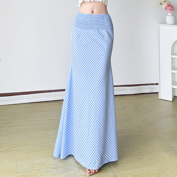 Blue Gingham High Waist Maxi Skirt With Elastic Waistband - Vedlit