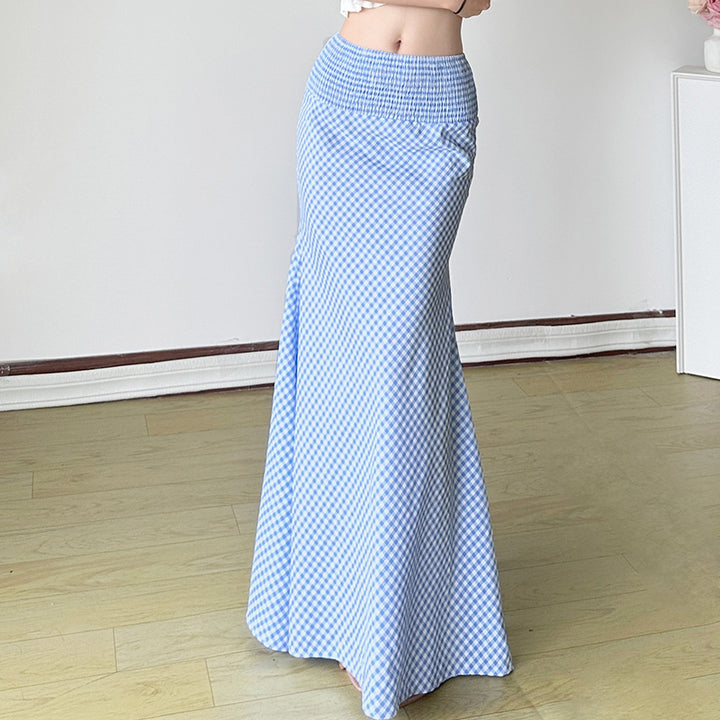 Blue Gingham High Waist Maxi Skirt With Elastic Waistband - Vedlit