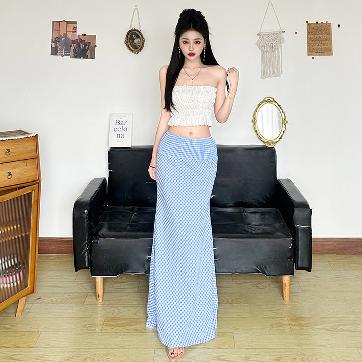Blue Gingham High Waist Maxi Skirt With Elastic Waistband - Vedlit