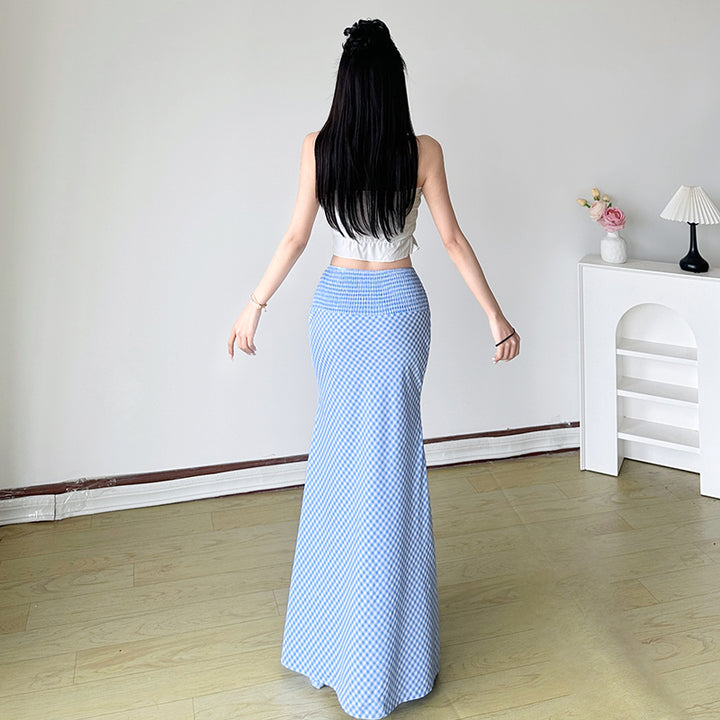 Blue Gingham High Waist Maxi Skirt With Elastic Waistband - Vedlit