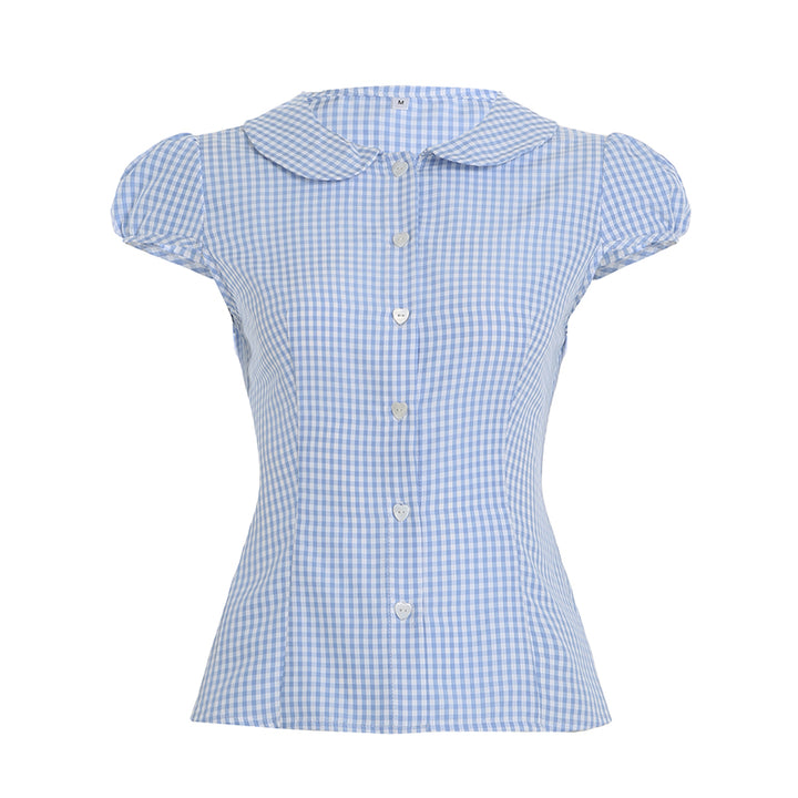Blue Gingham Puff Sleeve Button Shirt with Heart Buttons - Vedlit