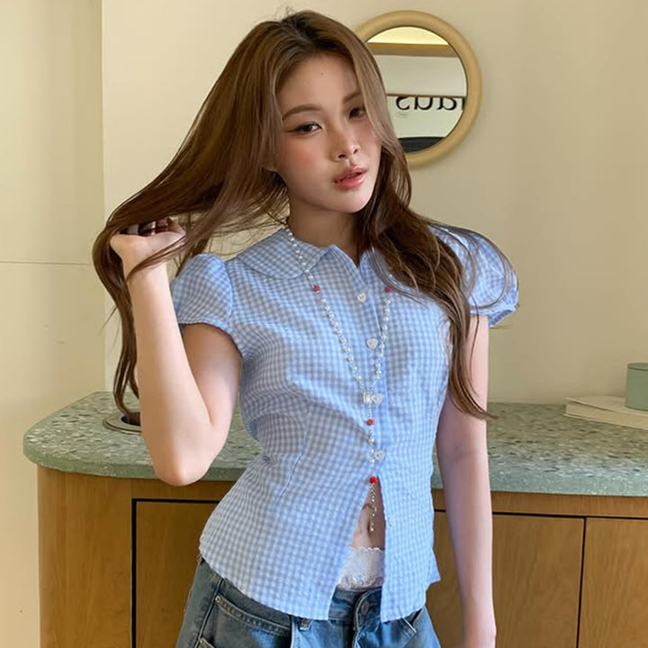 Blue Gingham Puff Sleeve Button Shirt with Heart Buttons - Vedlit