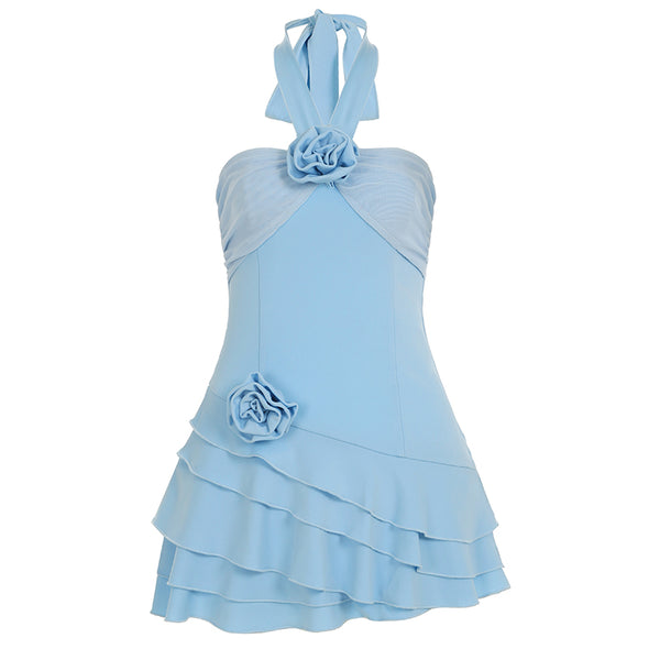 Blue Halter Mini Dress with Rose Appliqué and Ruffle Hem - Vedlit