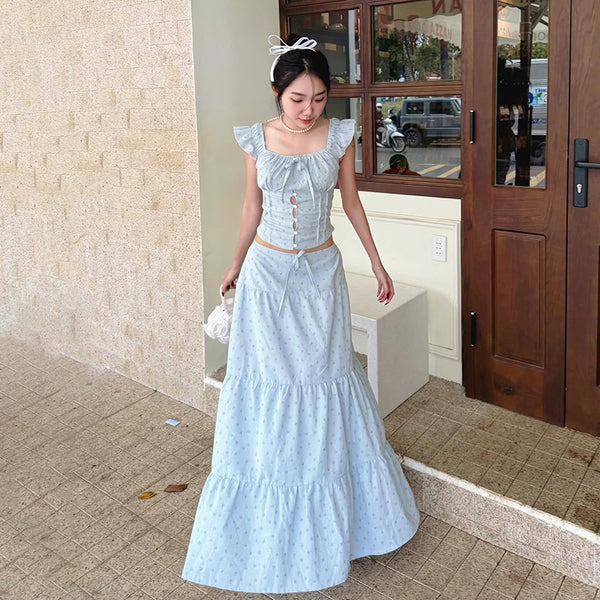 Blue Ruffle Corset Crop Top & Maxi Skirt Set – Cottagecore - Vedlit