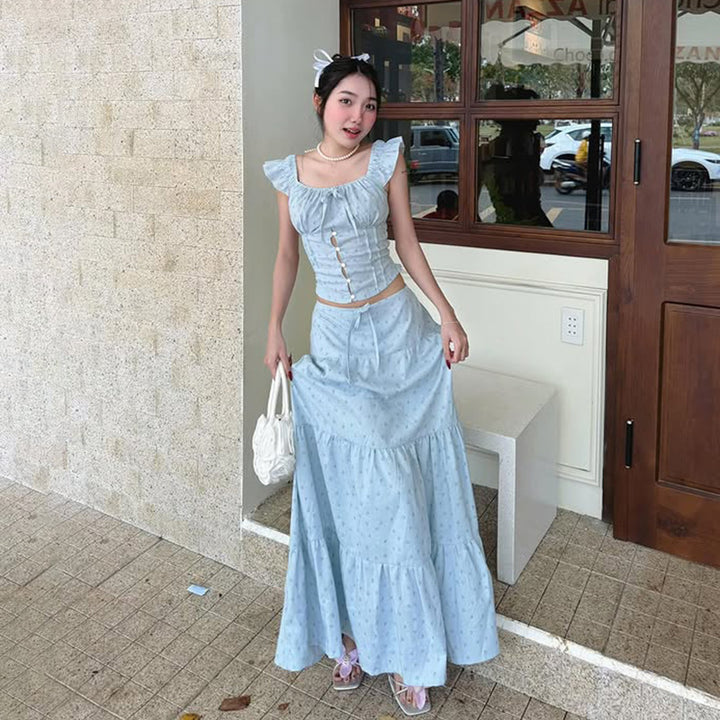 Blue Ruffle Corset Crop Top & Maxi Skirt Set – Cottagecore - Vedlit