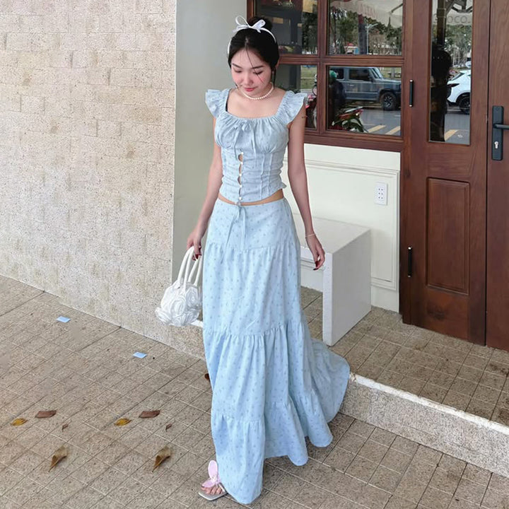 Blue Ruffle Corset Crop Top & Maxi Skirt Set – Cottagecore - Vedlit