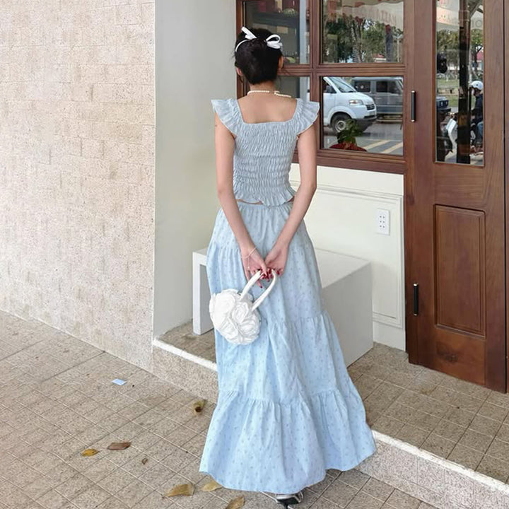 Blue Ruffle Corset Crop Top & Maxi Skirt Set – Cottagecore - Vedlit