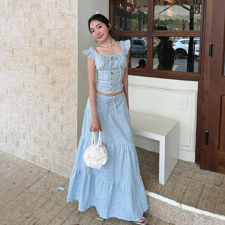 Blue Ruffle Corset Crop Top & Maxi Skirt Set – Cottagecore - Vedlit