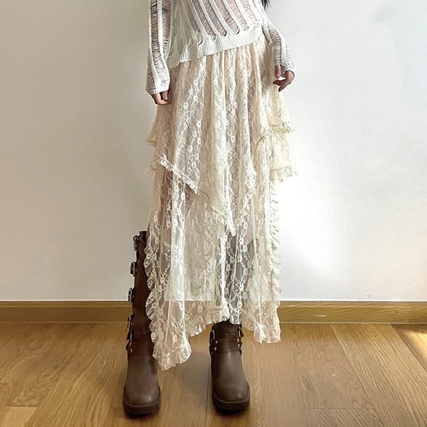 Bohemian Lace Asymmetrical Tiered Midi Skirt - Vedlit