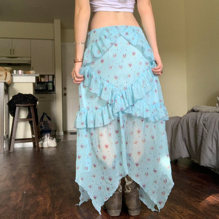 Boho Blue Floral Ruffle Maxi Skirt with Handkerchief Hem - Vedlit