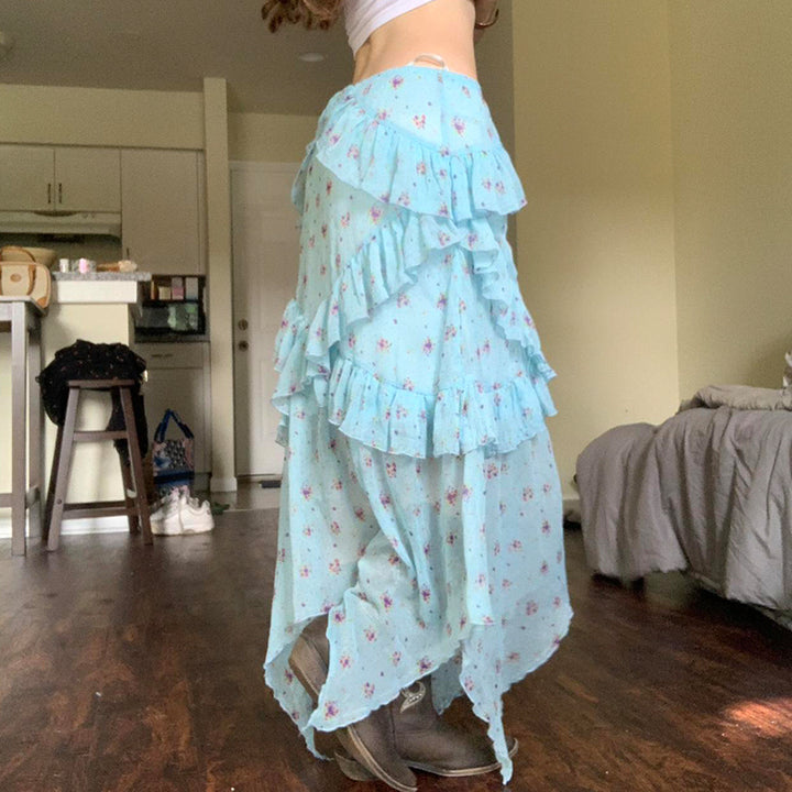 Boho Blue Floral Ruffle Maxi Skirt with Handkerchief Hem - Vedlit