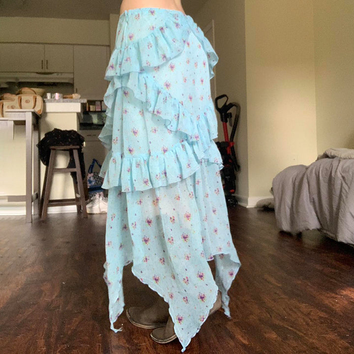Boho Blue Floral Ruffle Maxi Skirt with Handkerchief Hem - Vedlit