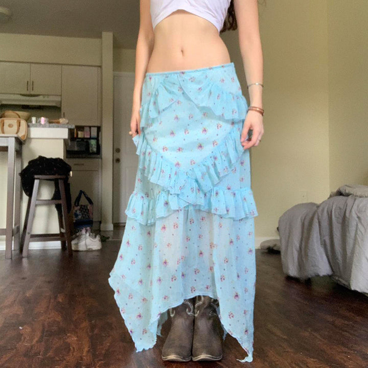 Boho Blue Floral Ruffle Maxi Skirt with Handkerchief Hem - Vedlit