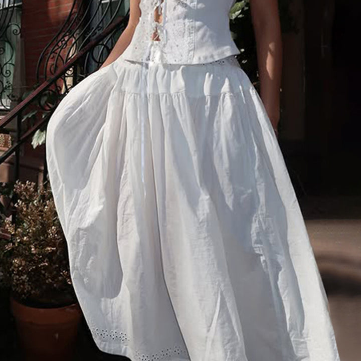 Boho Eyelet Cotton Maxi Skirt with Drawstring Waist - Vedlit