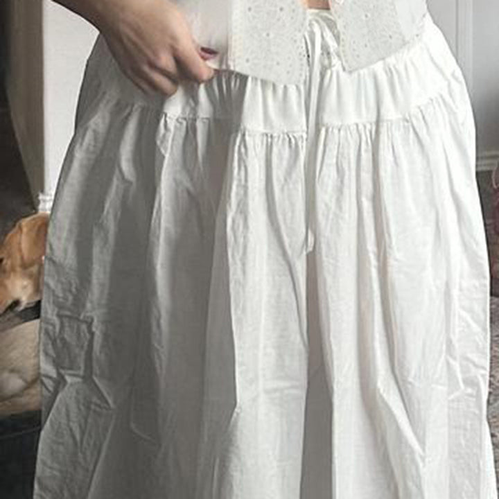 Boho Eyelet Cotton Maxi Skirt with Drawstring Waist - Vedlit