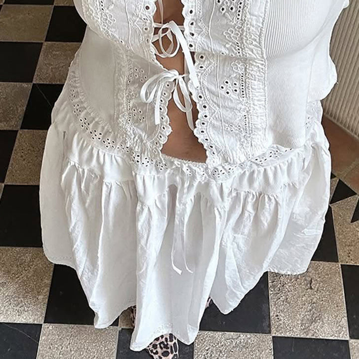 Boho Eyelet Cotton Maxi Skirt with Drawstring Waist - Vedlit