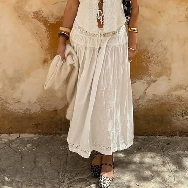 Boho Eyelet Cotton Maxi Skirt with Drawstring Waist - Vedlit
