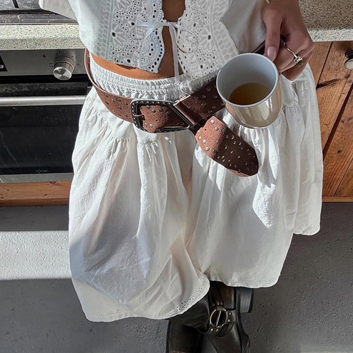 Boho Eyelet Cotton Maxi Skirt with Drawstring Waist - Vedlit