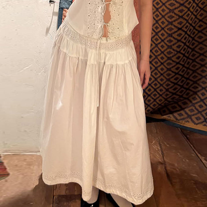 Boho Eyelet Cotton Maxi Skirt with Drawstring Waist - Vedlit