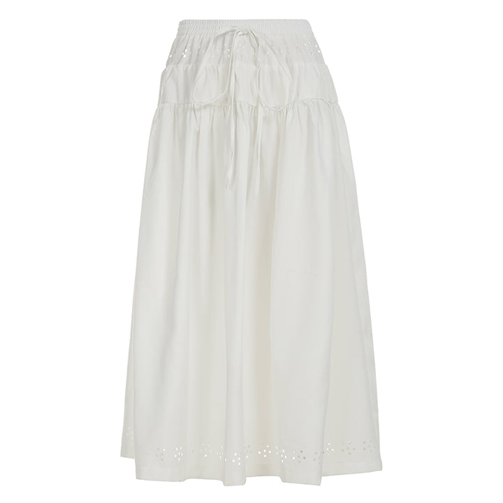Boho Eyelet Cotton Maxi Skirt with Drawstring Waist - Vedlit