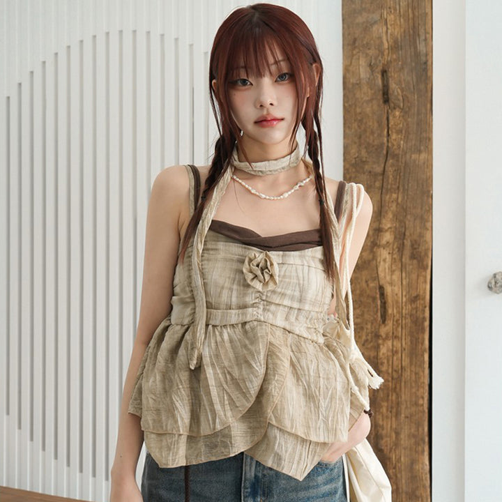 Boho Floral Layered Strap Top with Rosette Detail - Vedlit