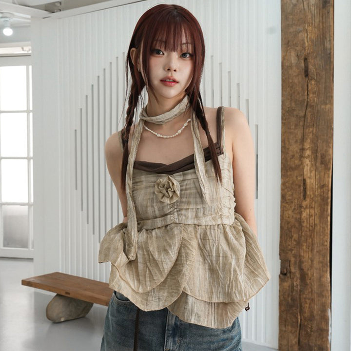 Boho Floral Layered Strap Top with Rosette Detail - Vedlit